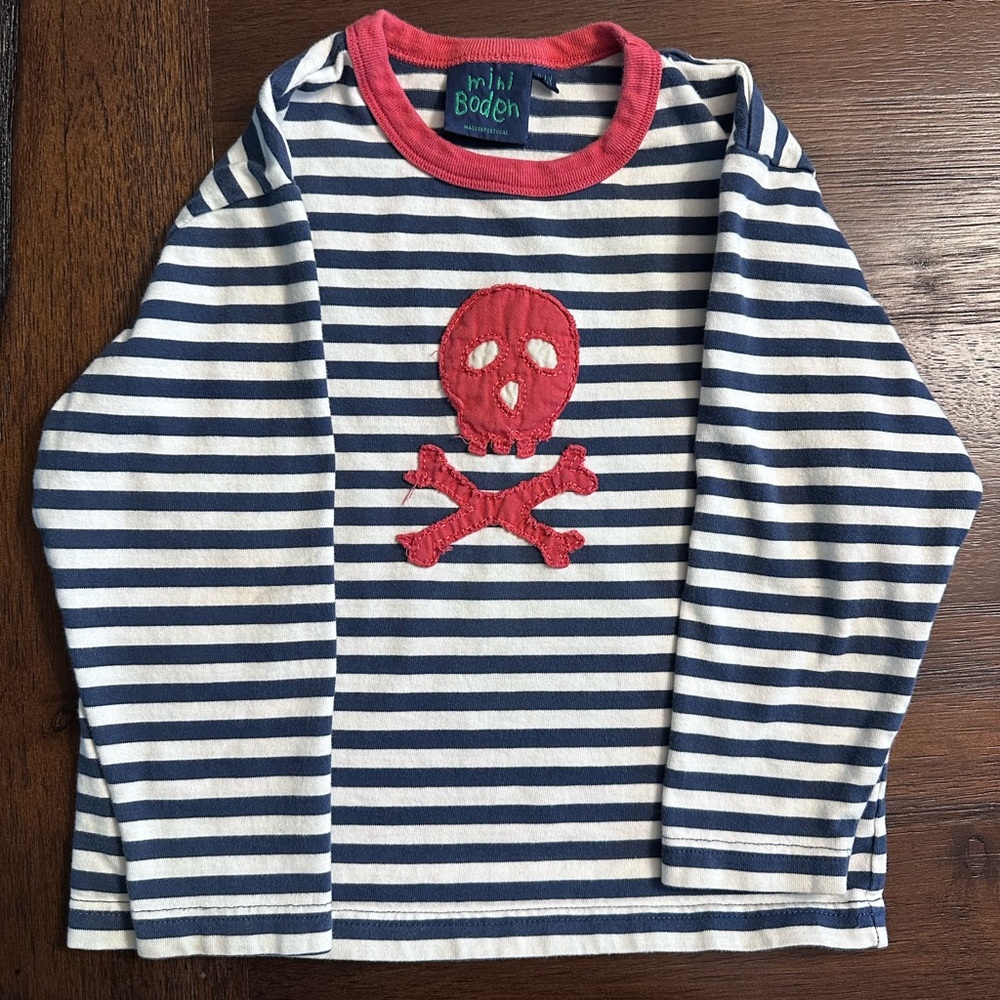 Mini Boden Blue and White Striped Tee with Red Skull